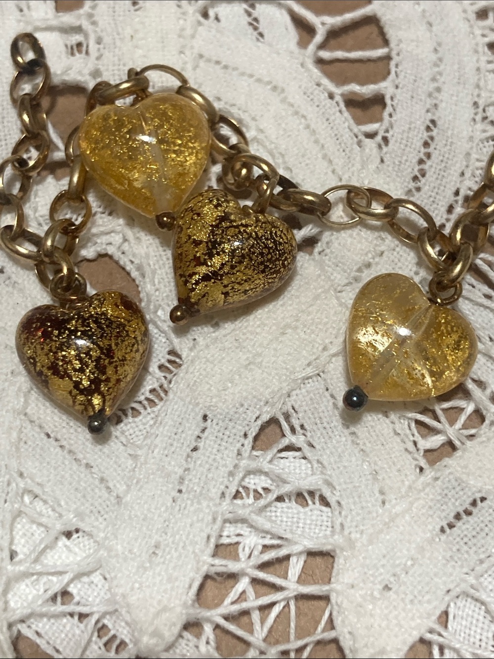 Gold Over 925 Silver Glass Heart Bead Charm Bracelet - Picture 2 of 7